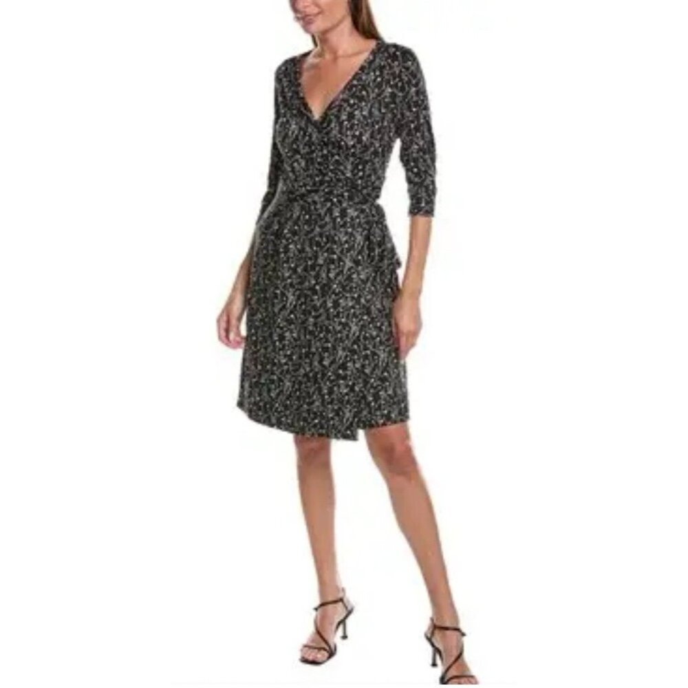 Jones NY Dress Brown Black 12 Stretch Wrap 3/4 Long Sleeve Washable Career